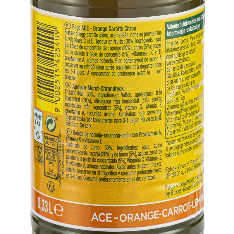 Jus ACE orange-carotte-citron Pago - 33 cl - 12 bouteilles