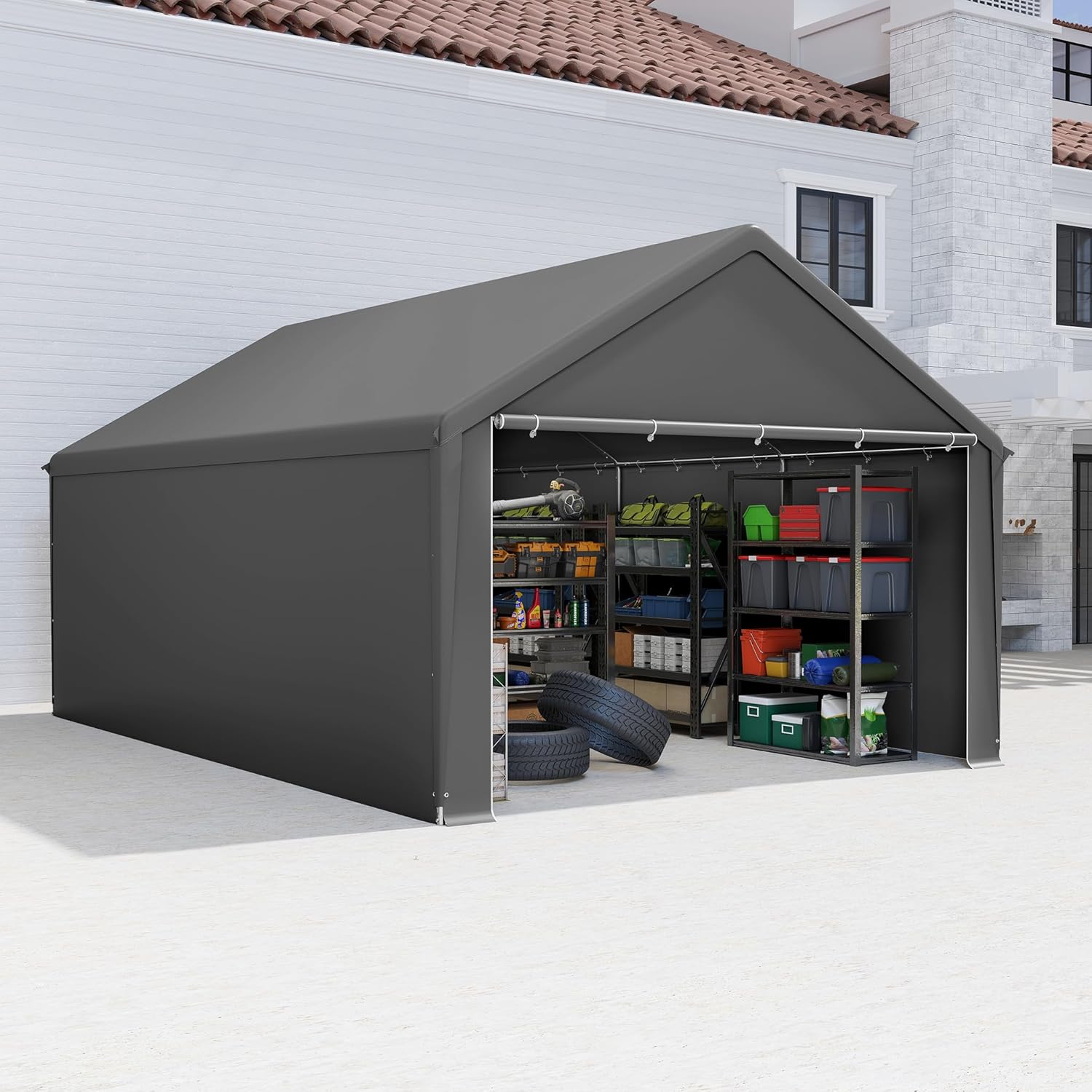 Aufun Carport Zeltgarage 4x6m, Wasserdichtes Lagerzelt mit PE-Dach, Reißenresistenter Garagenzelt mit abnehmbaren Seitenwänden, UV-beständig Winterfest Unterstand für Auto, SUV, LKW, Boot, Grau