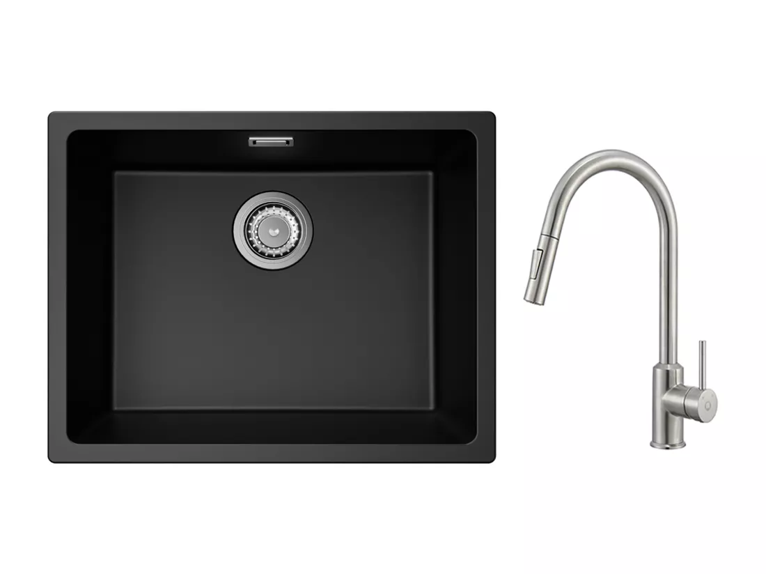 CECIPA MAX Evier 1 Bac en Quartz et Résine Noir Gris 55*44*20cm + Mitigeur avec Douchette Extractible 2 Modes de Sortie D'eau