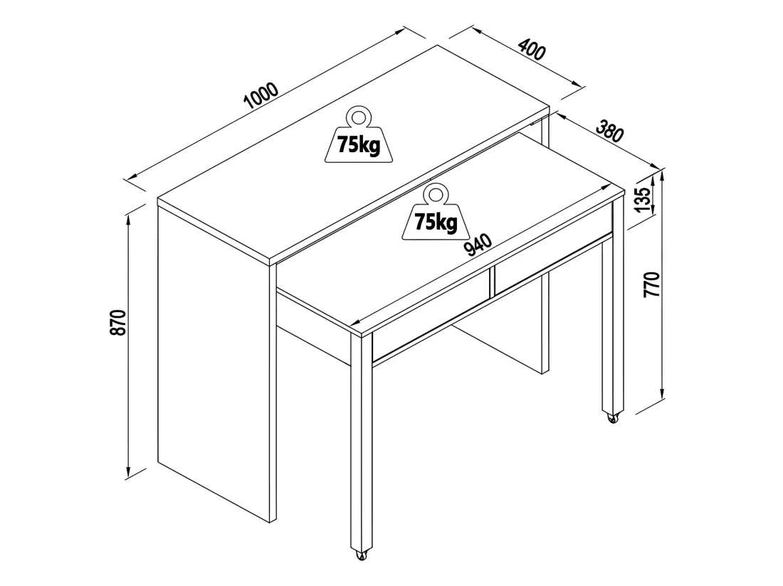 Bureau console extensible avec 2 tiroirs - Blanc et naturel - LOAVIA