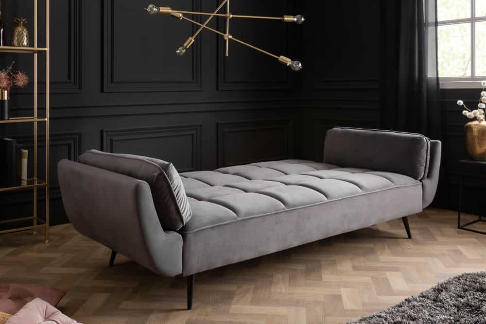 Retro Schlafsofa BOUTIQUE 215cm grau Samt 3-Sitzer mit schwarzen Füßen