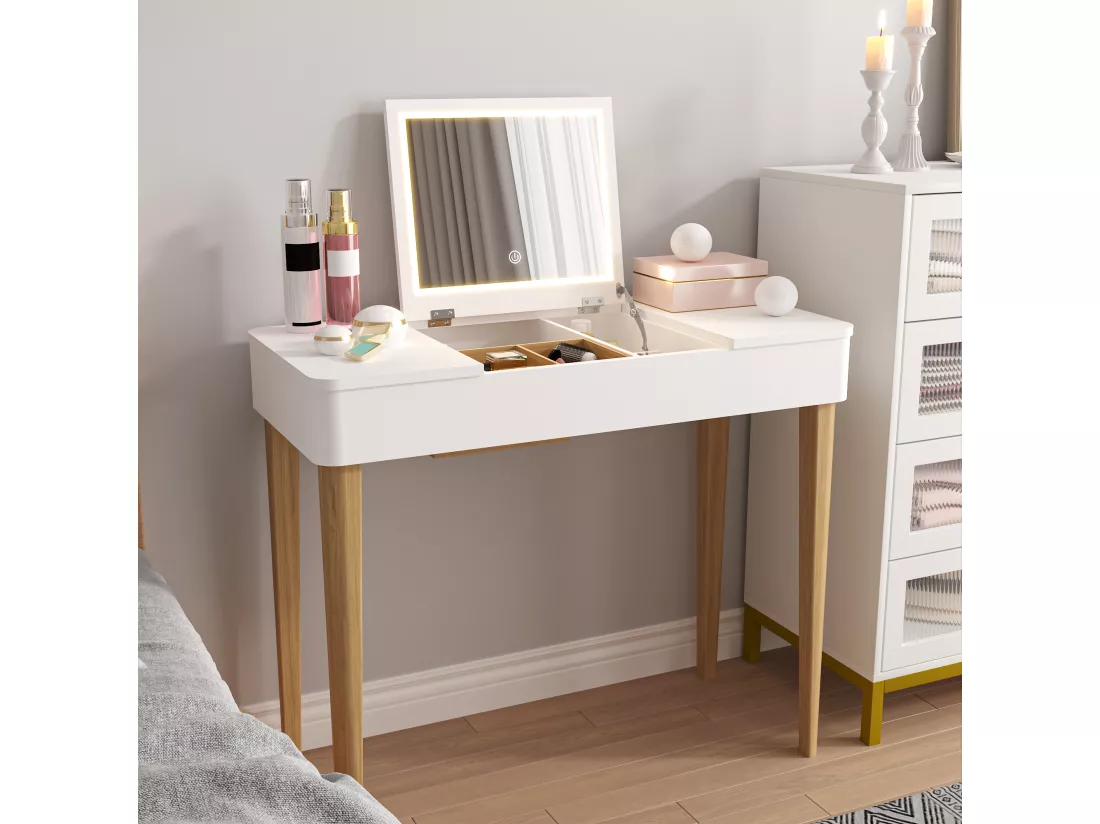 Coiffeuse, coiffeuse, coiffeuse avec miroir, coiffeuse avec lampe, coiffeuse en un, laquée, blanche