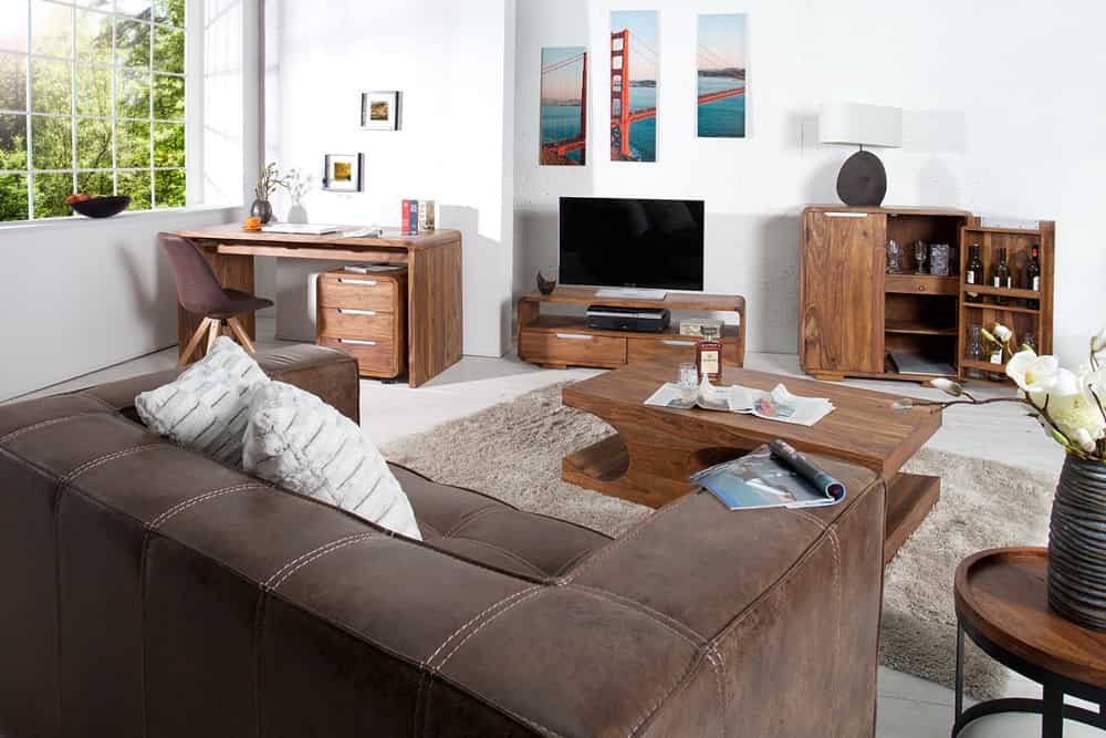 Massivholz Bürotisch CUBUS 120cm braun Sheeshamholz stone finish Schreibtisch