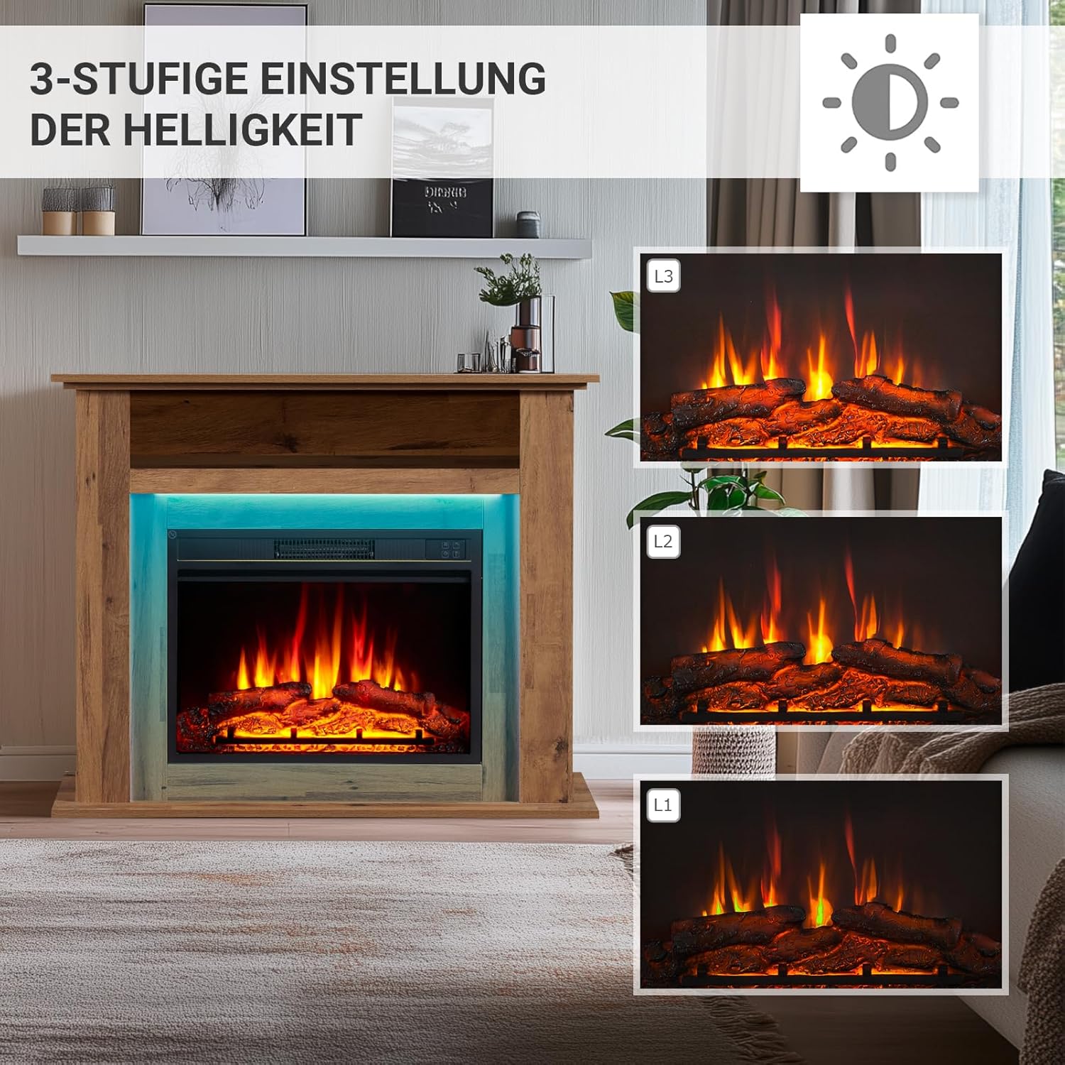Elektrokamin BALDERIA Liora - Elektrischer Standkamin mit Ablagefach, 3D-Flammeneffekt, LED-Ambientebeleuchtung, Heizung 2000W, Timer, Thermostat, Fernbedienung - Dunkle Eiche