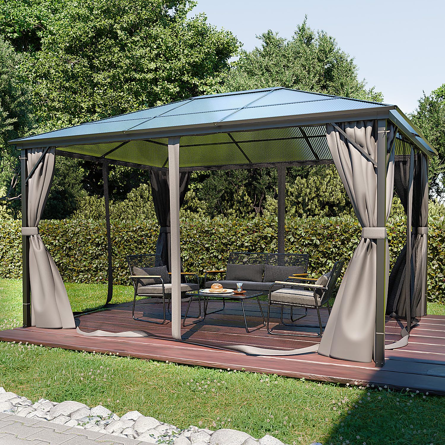 Pavillon 3x4m Garten Überdachung mit Polycarbonat - Dach & Moskitonetz, Seitenteile wasserdicht in anthrazit, mit Metallgestell & Aluminiumrahmen, für Outdoor
