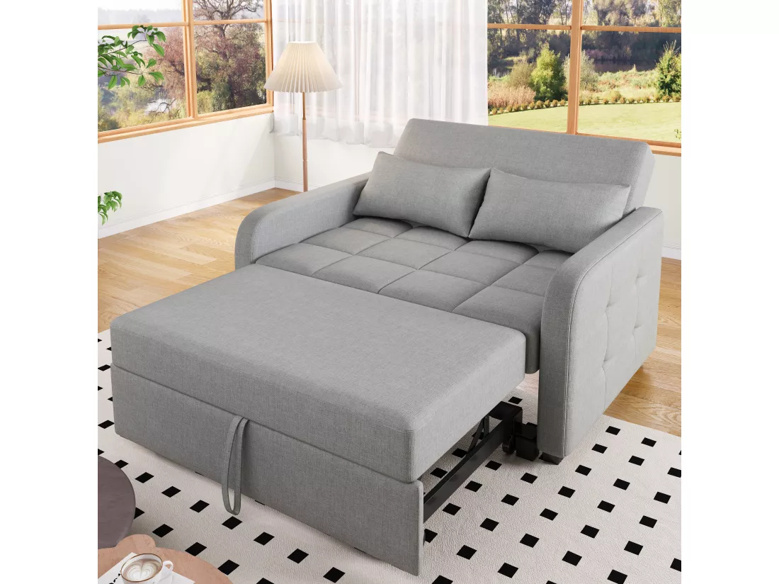 Canapé convertible 2 places, Canapé-lit pliant en tissu lin - 127 x 75 x 94 cm - avec fonction sommeil - Gris