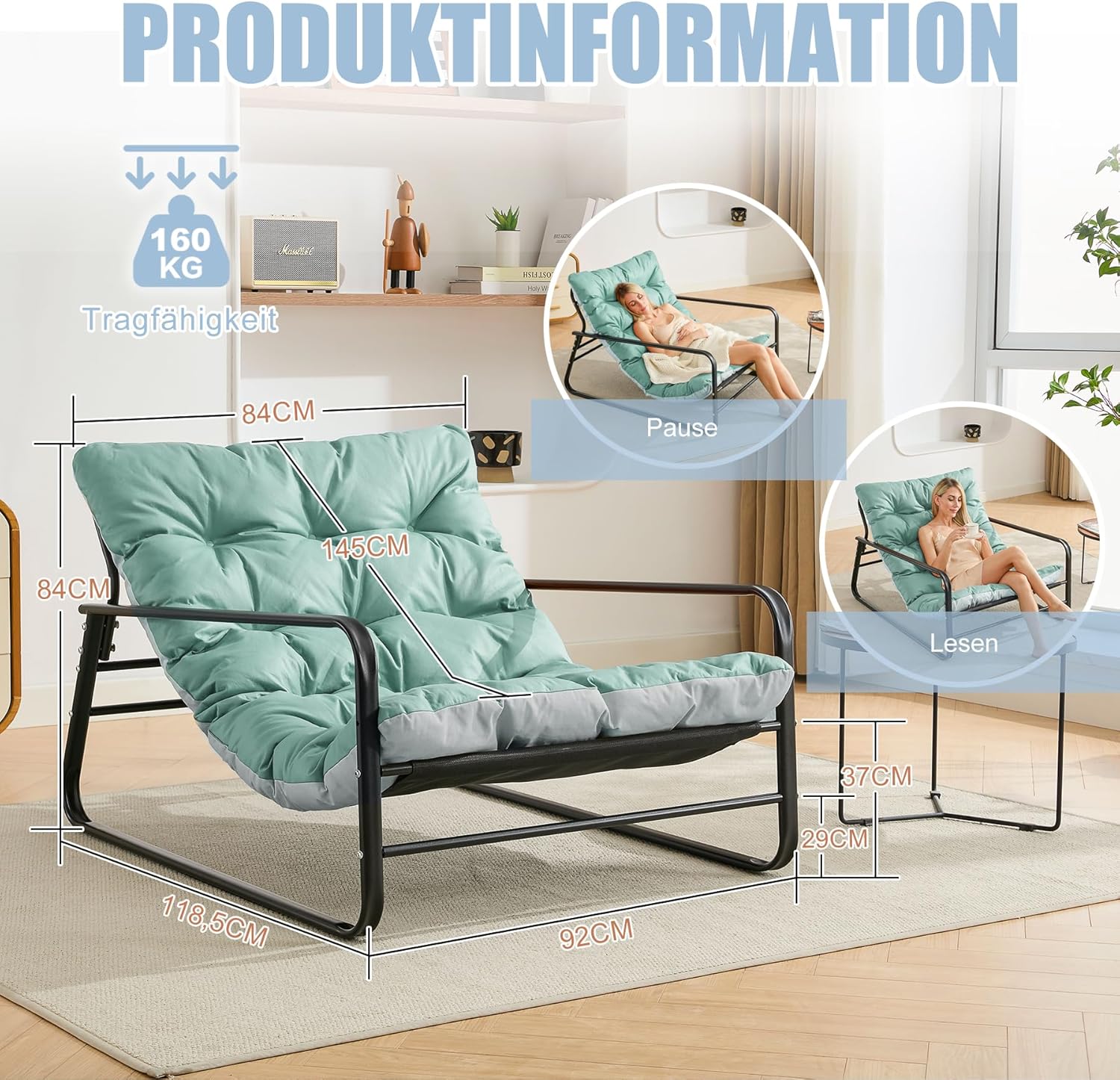 Sessel wohnzimmer Loungesessel Gartenliege mit Wendekissen Garten Liegestuhl Balkon möbel aus Stahl gepolsterter Stuhl für 2 Personen Gartensessel outdoor Relaxliege Balkon Garten Terrasse (Blau+Grau)