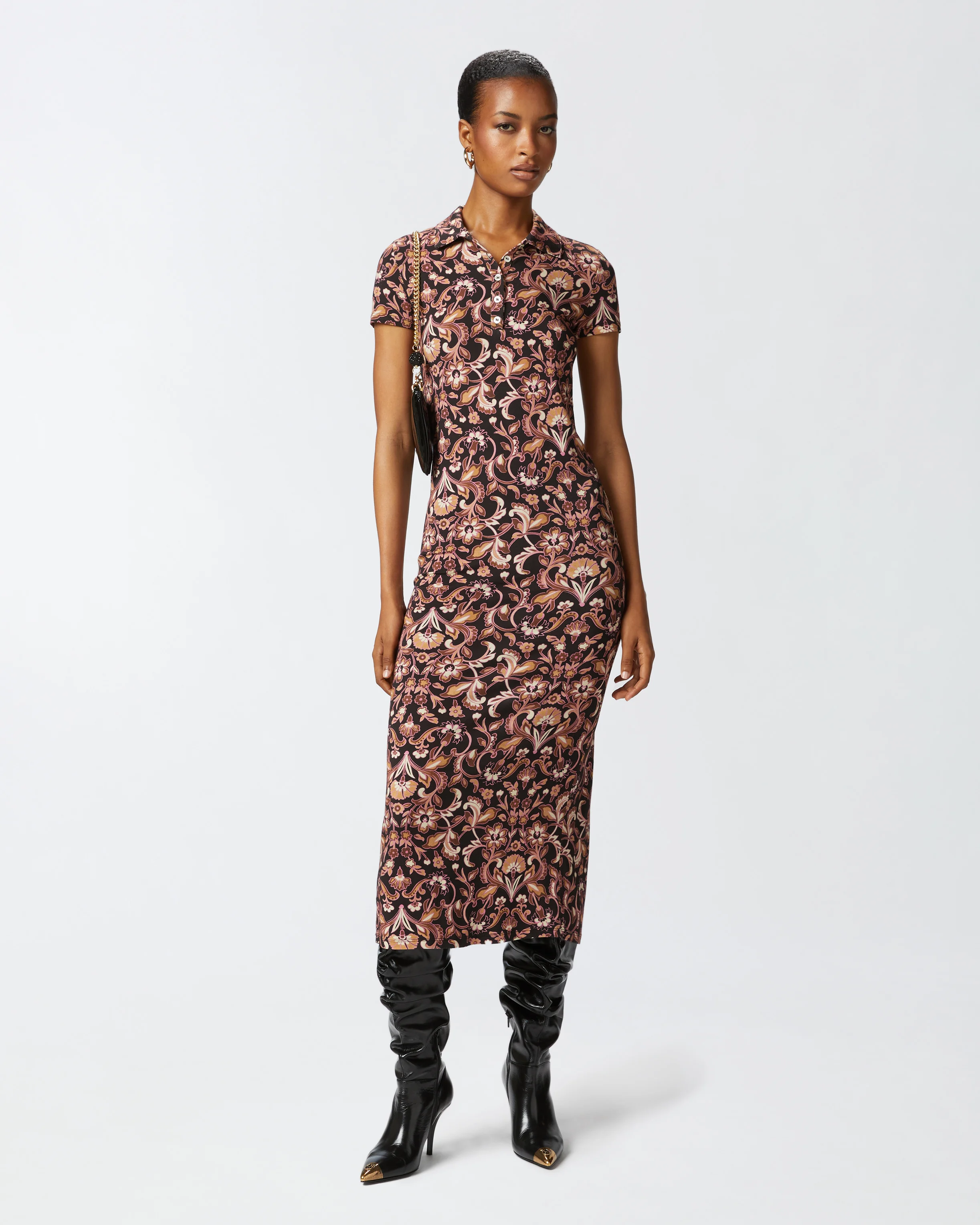Robe longue à fleurs à manches courtes | Marron