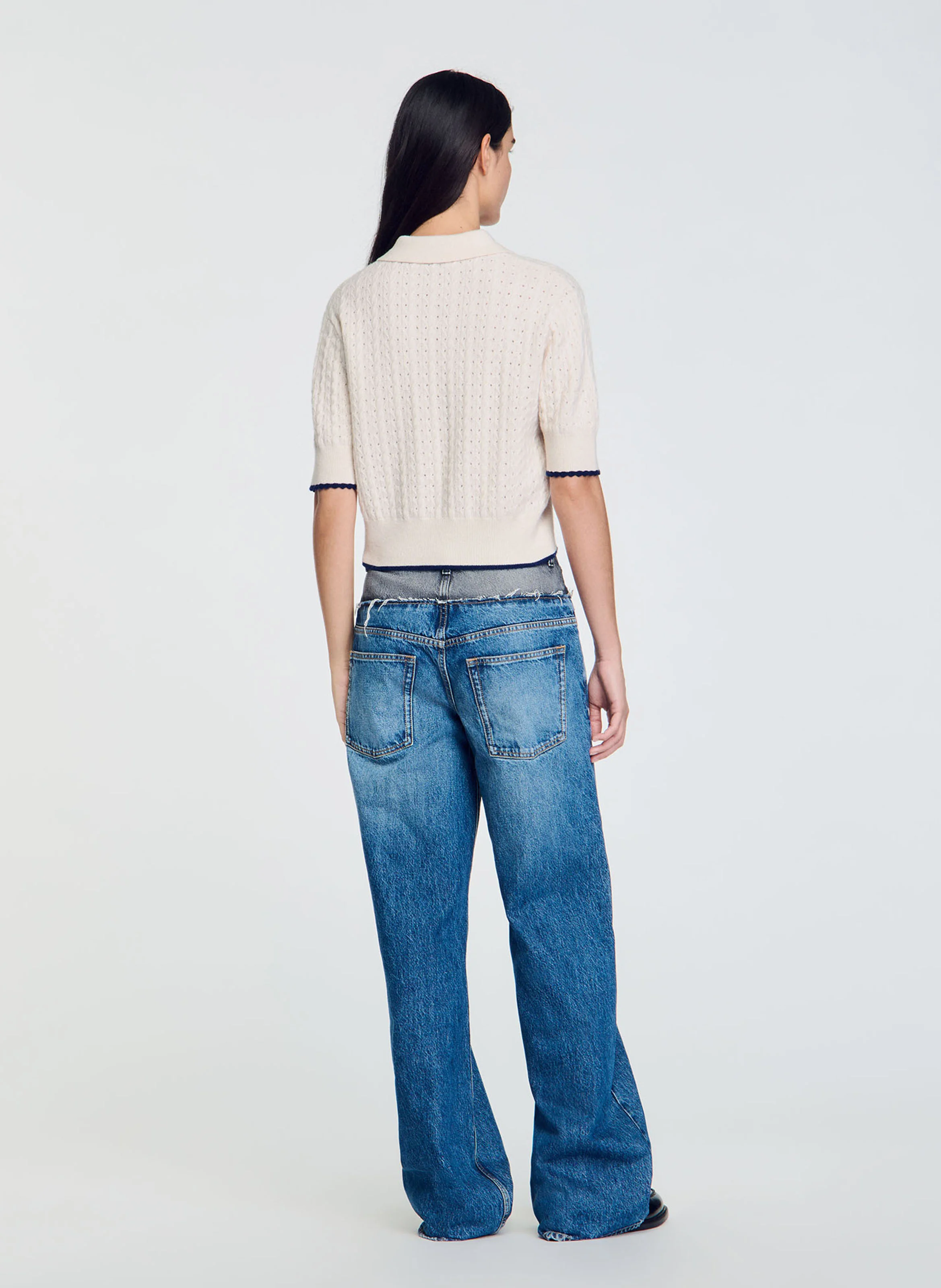 Pull court maille pointelle en laine et cachemire | Blanc