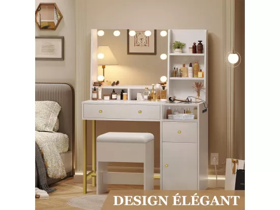 Coiffeuse avec Miroir LED et Tabouret - 115L x 40P x 140H cm - 3 Modes d'Éclairage - Blanc