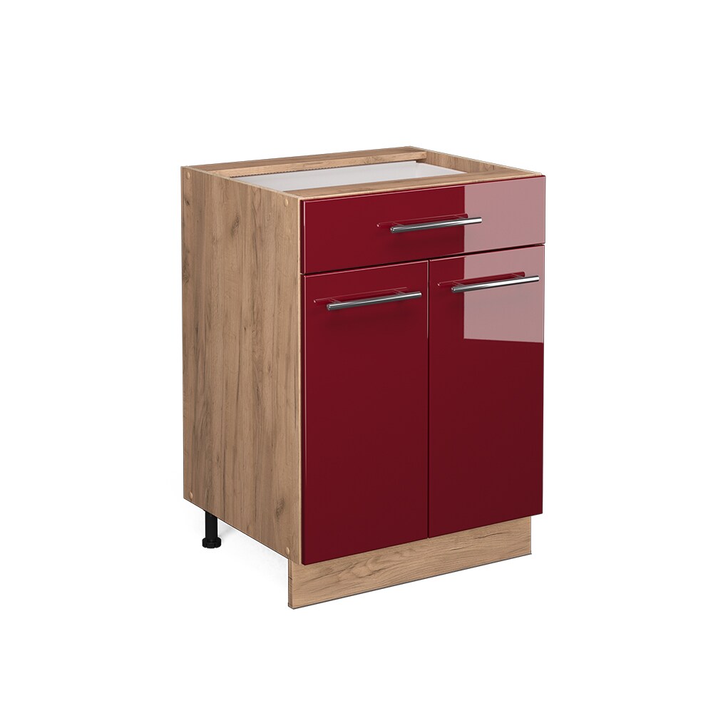 Vicco Schubunterschrank Küchenschrank Küchenmöbel Fame-Line Eiche Rot Bordeaux modern 60 cm Küche Einbauküche Drehtür Schublade Einlegeboden Blende Küchenzeile Hochglanz