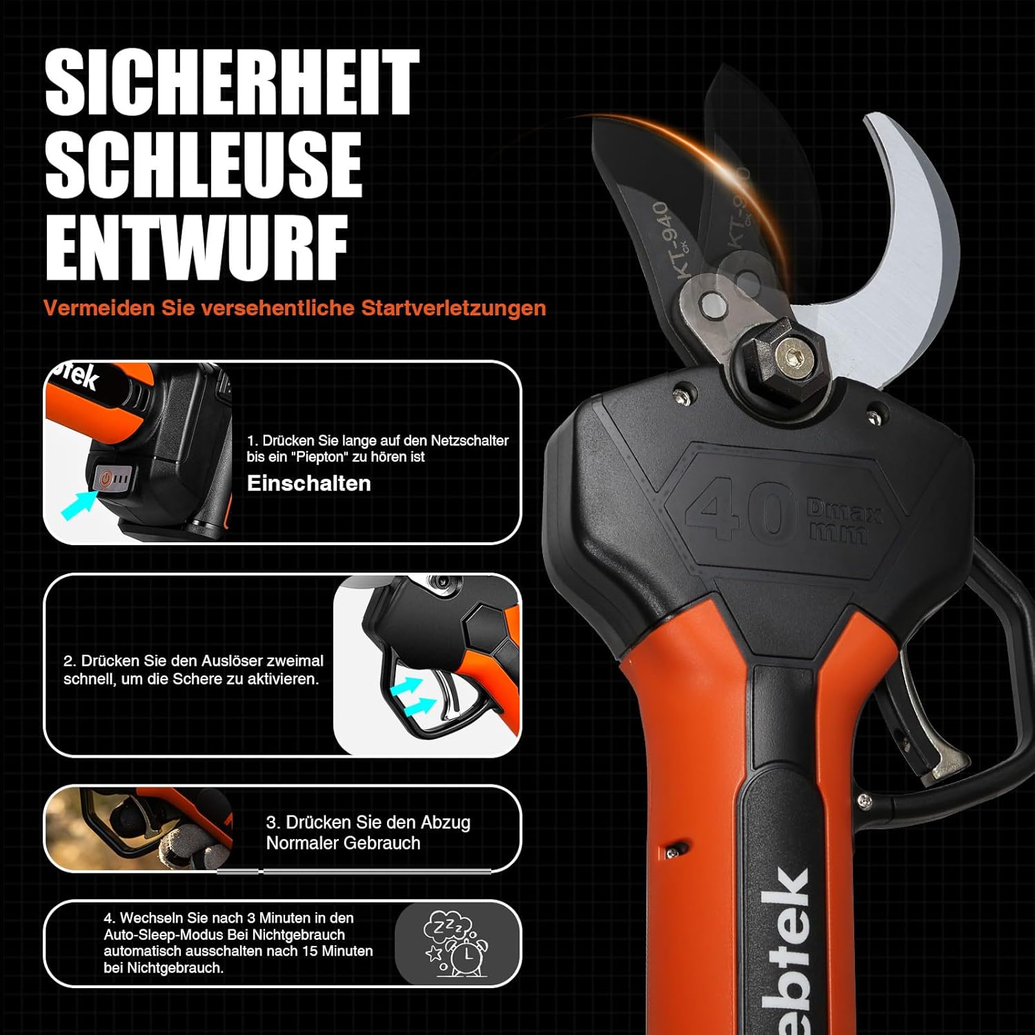 Elektrische Gartenschere 40MM, Kebtek Professionelle Akku Gartenschere18V 2Pack 2AH Lithium Batteries KT940