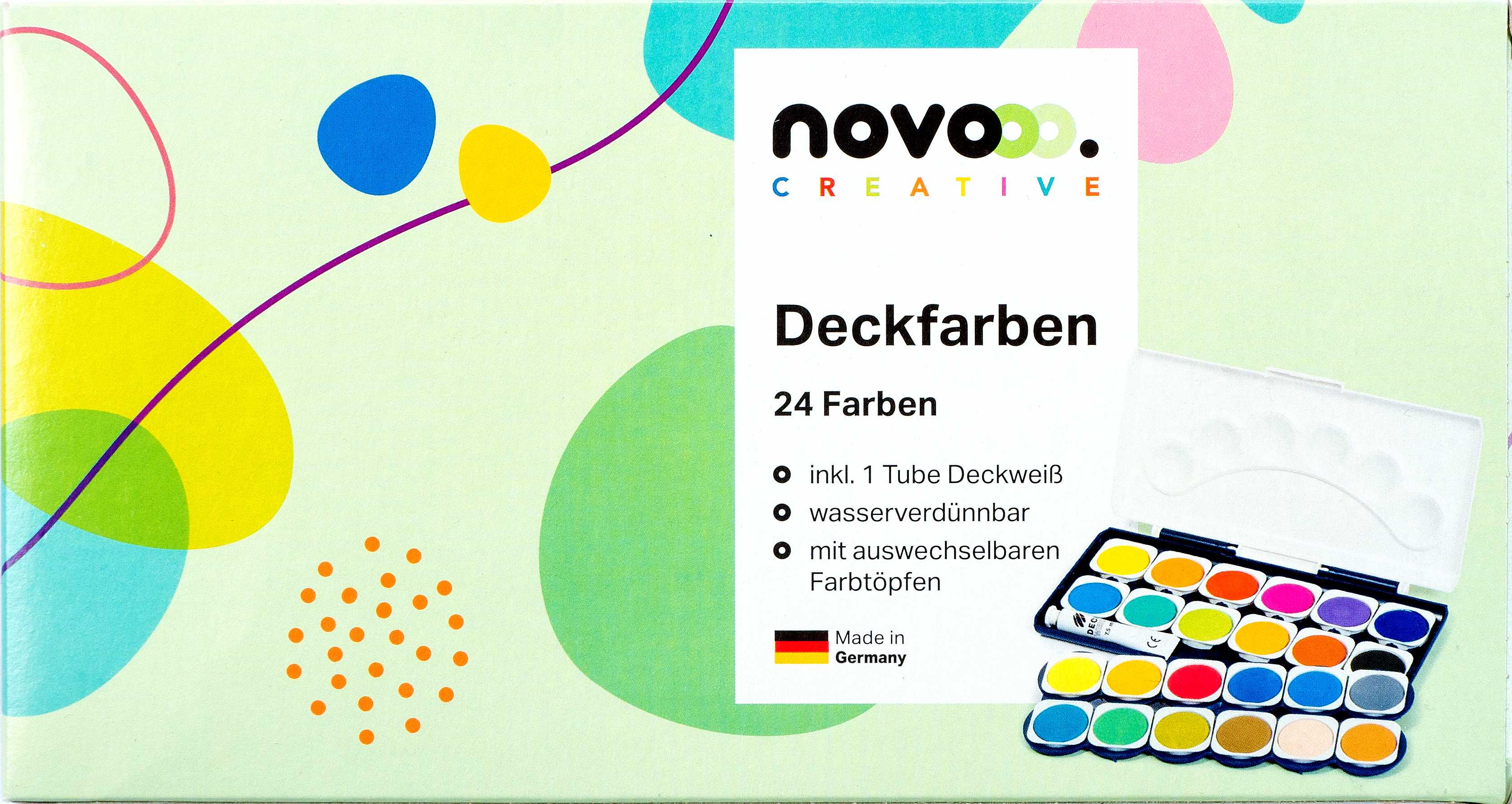 novooo Schuldeckfarbkasten 24 Deckfarben + 1 Tube weiss