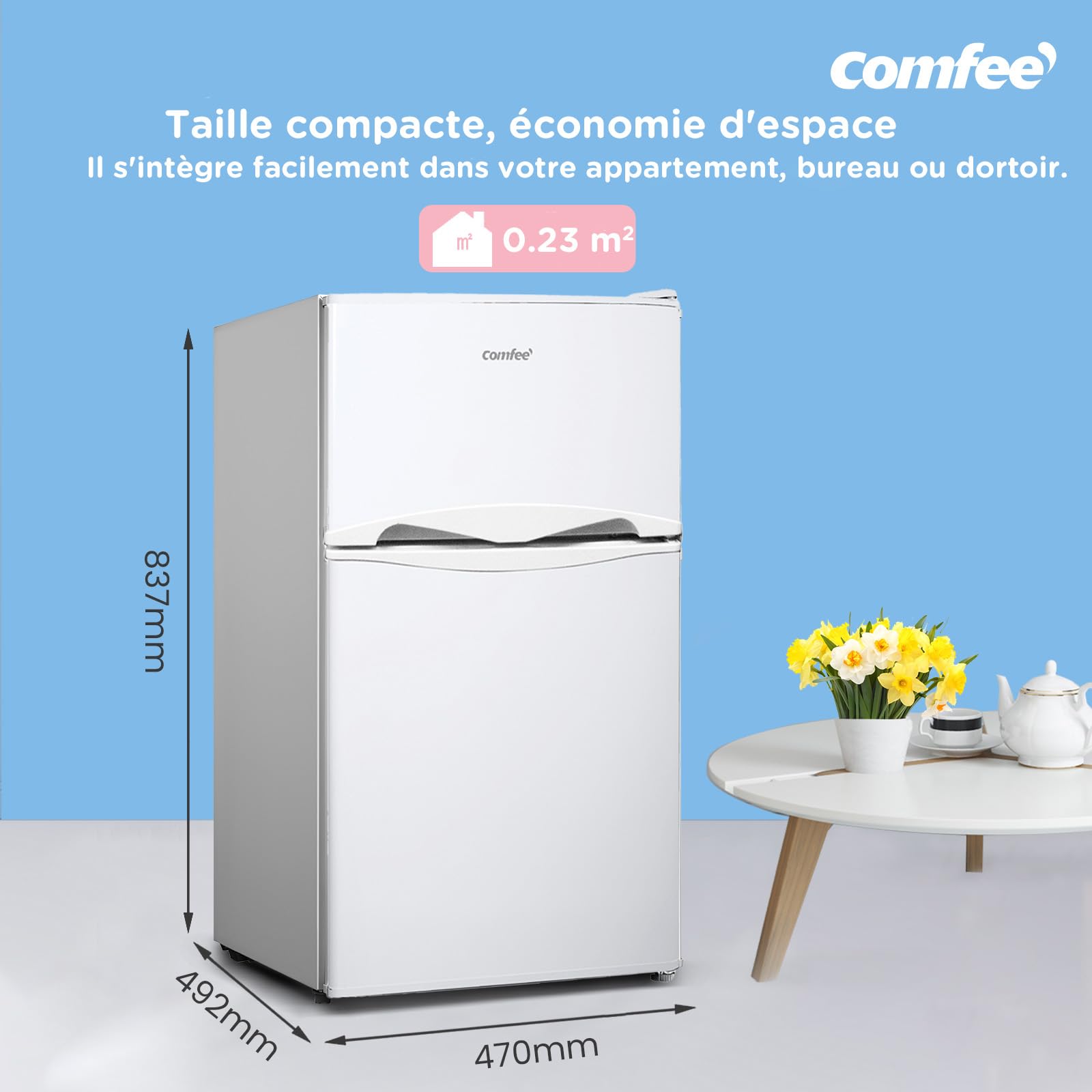 COMFEE' RCT87WH2(E) Réfrigérateur Congélateur Sous Plan, Petit Réfrigérateur Congélateur 87L avec Éclairage, Étagères Amovibles, Thermostats Réglables