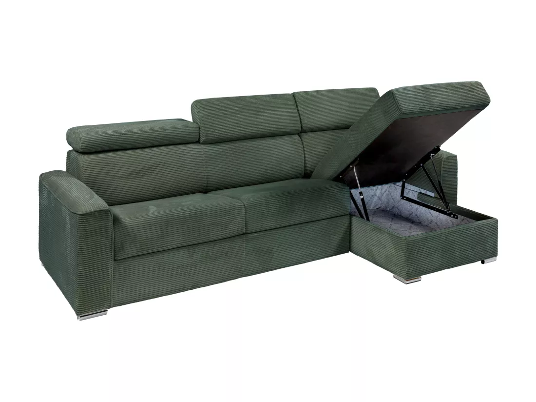 Canapé d'angle réversible convertible express en velours côtelé vert - Couchage 160 cm - Matelas 18 cm - VIZIR