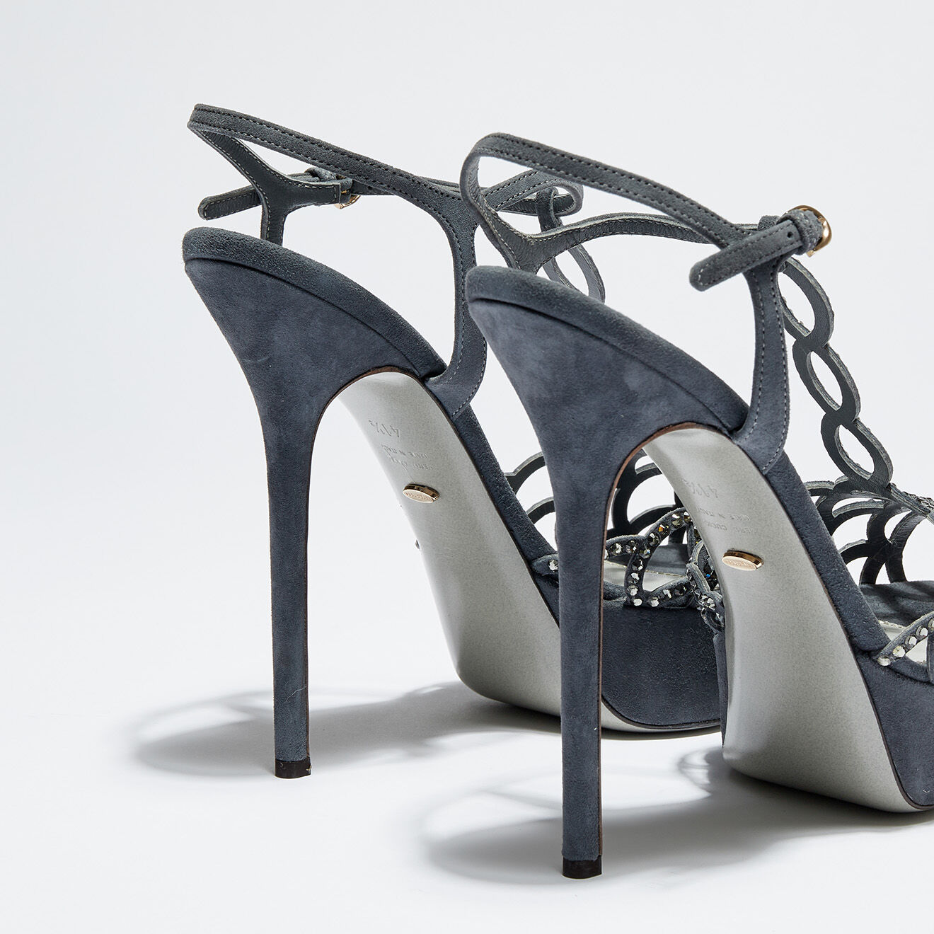 Sergio Rossi Sandales en Velours de Cuir Diamond strassées bleu gris Talon 14.5 cm