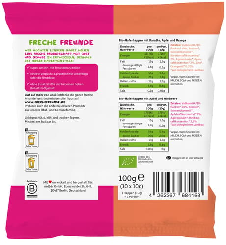 Freche Freunde Bio Hafer-Mini-Mix Apfel, Karotte & Orange und Apfel & Himbeere