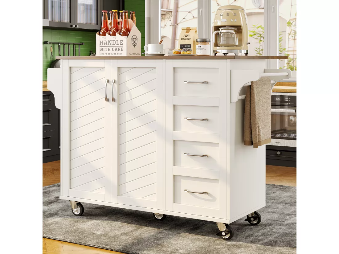 Ilot central de cuisine - chariot à roulette avec plateau extensible - 2 tiroirs et 2 portes - Blanc