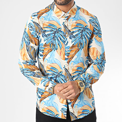 Chemise Manches Longues Floral Bleu Beige