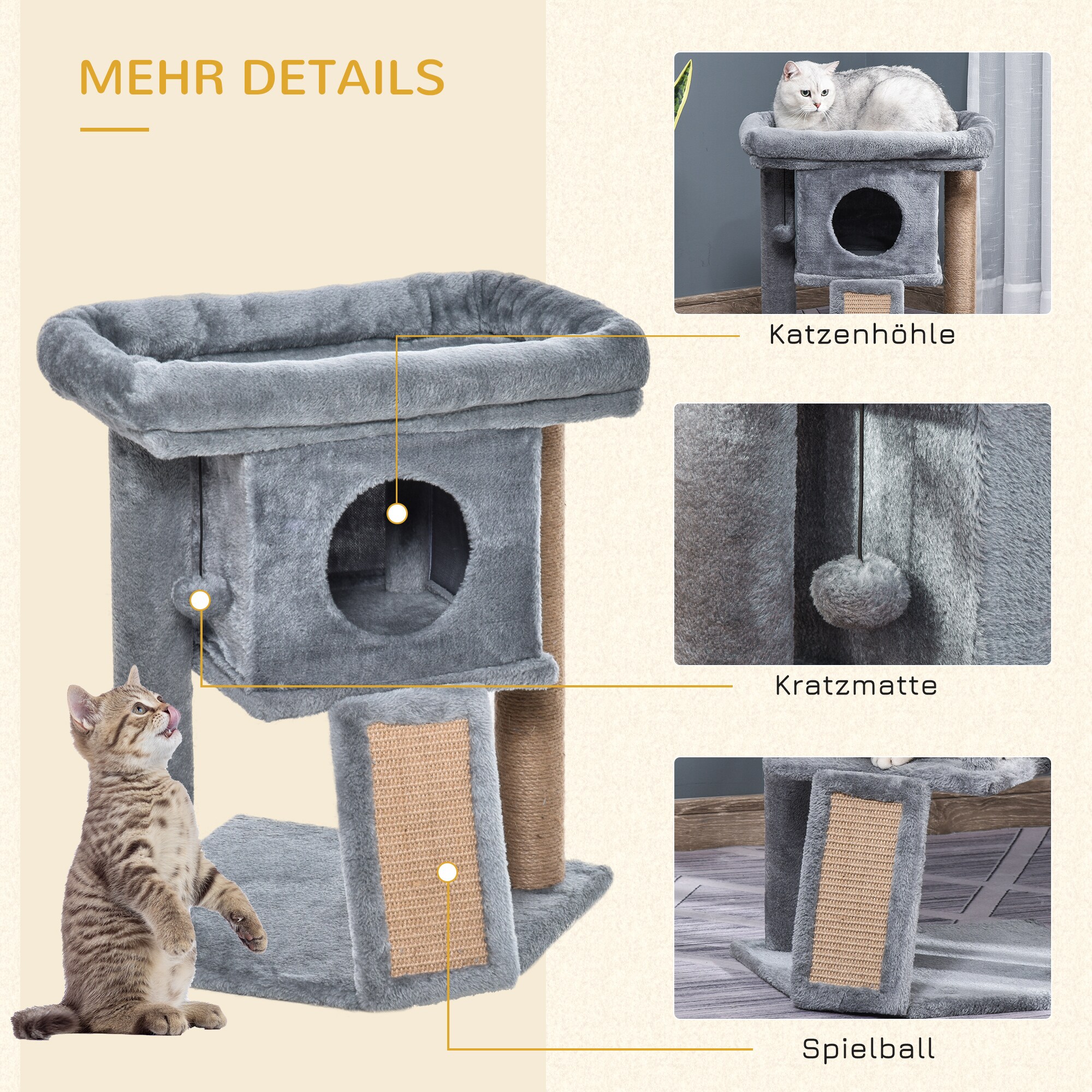 PawHut Katzenbaum mit Kratzbrett, Spielball und Häuschen 40 x 40 x 57 (BxTxH)