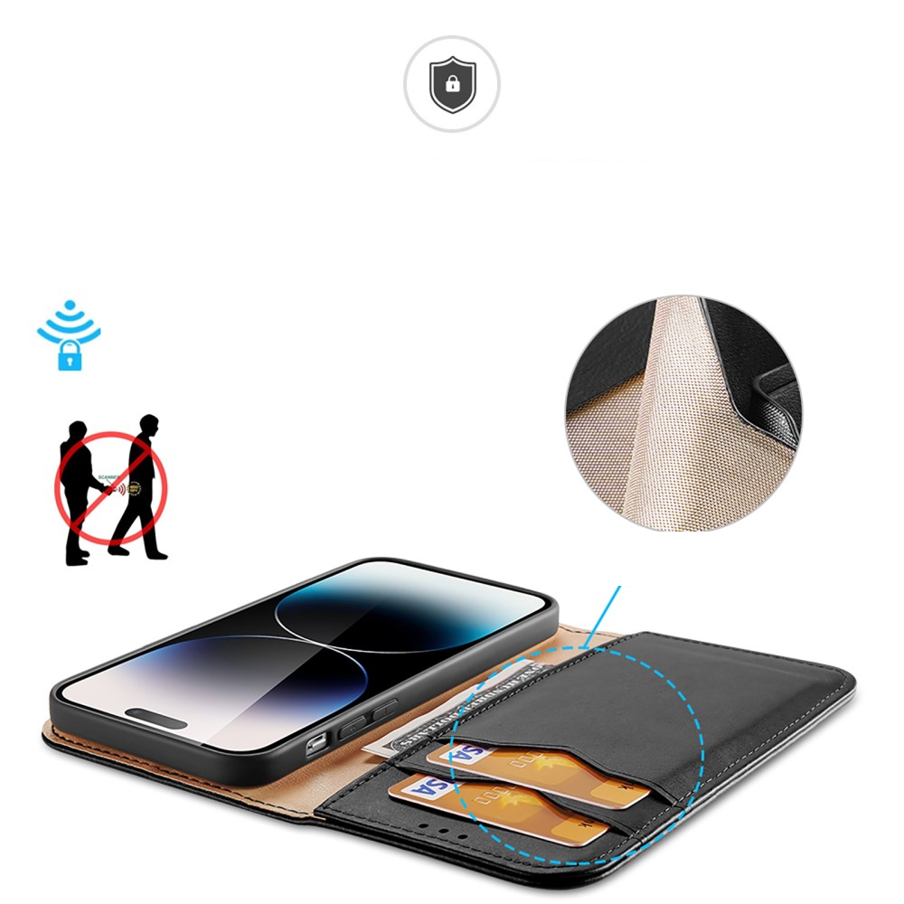 iPhone 15 Pro Max Flip Wallet Cover Echtleder Tasche (RFID Schutz) - Schwarz