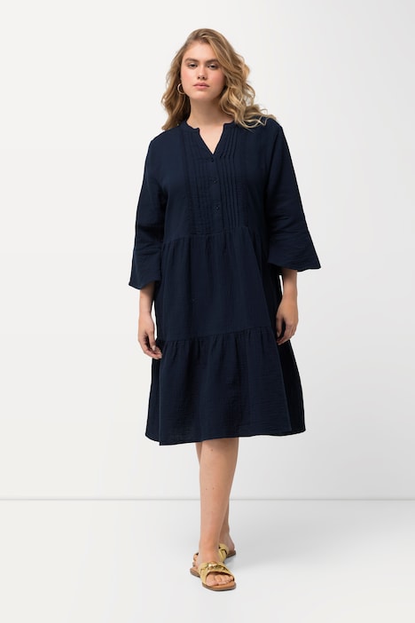 Musselin-Kleid, A-Linie, Tunika-Ausschnitt, 3/4-Arm