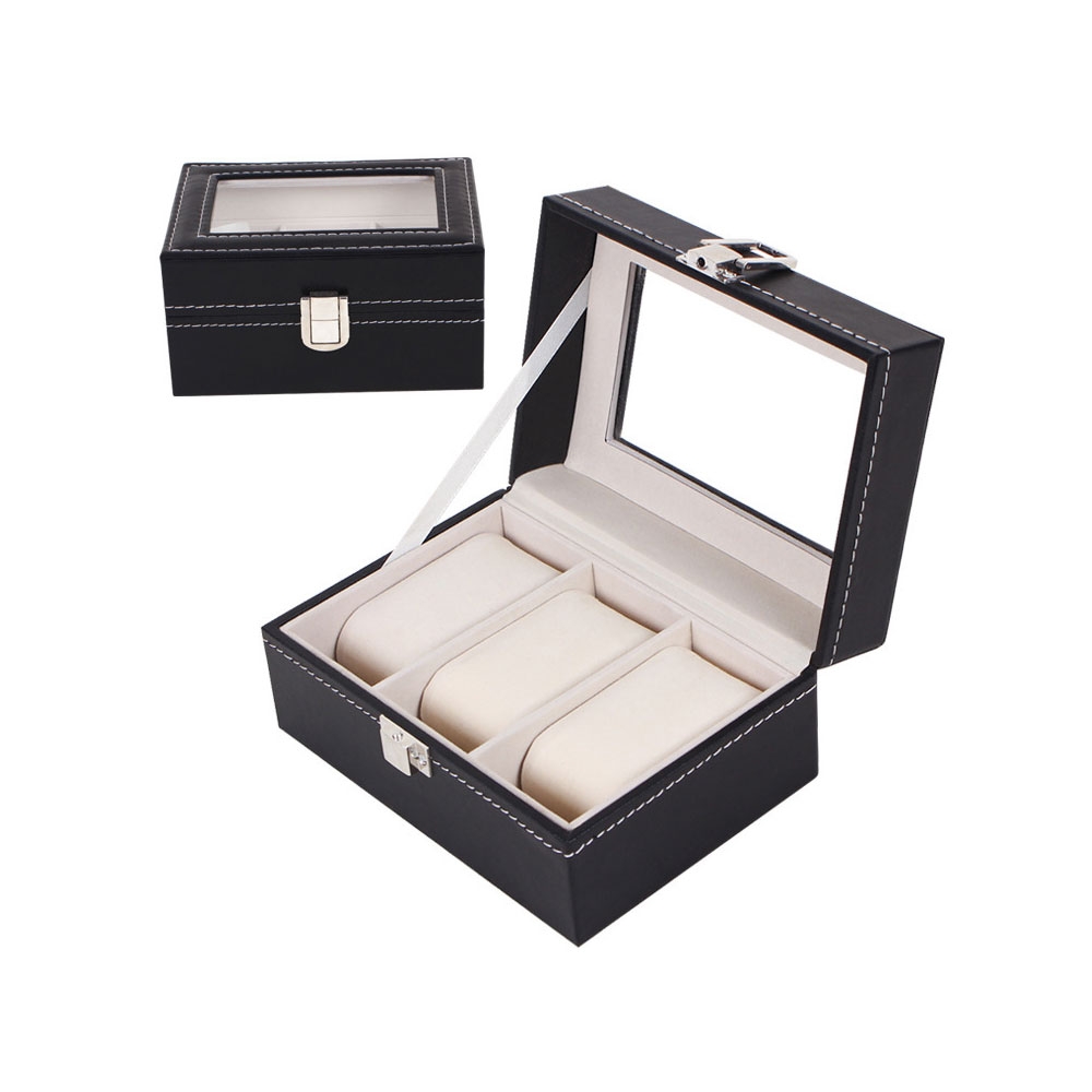 (3 Slots) Uhrenbox Schmuckschatulle Organizer mit Glasdeckel - Schwarz