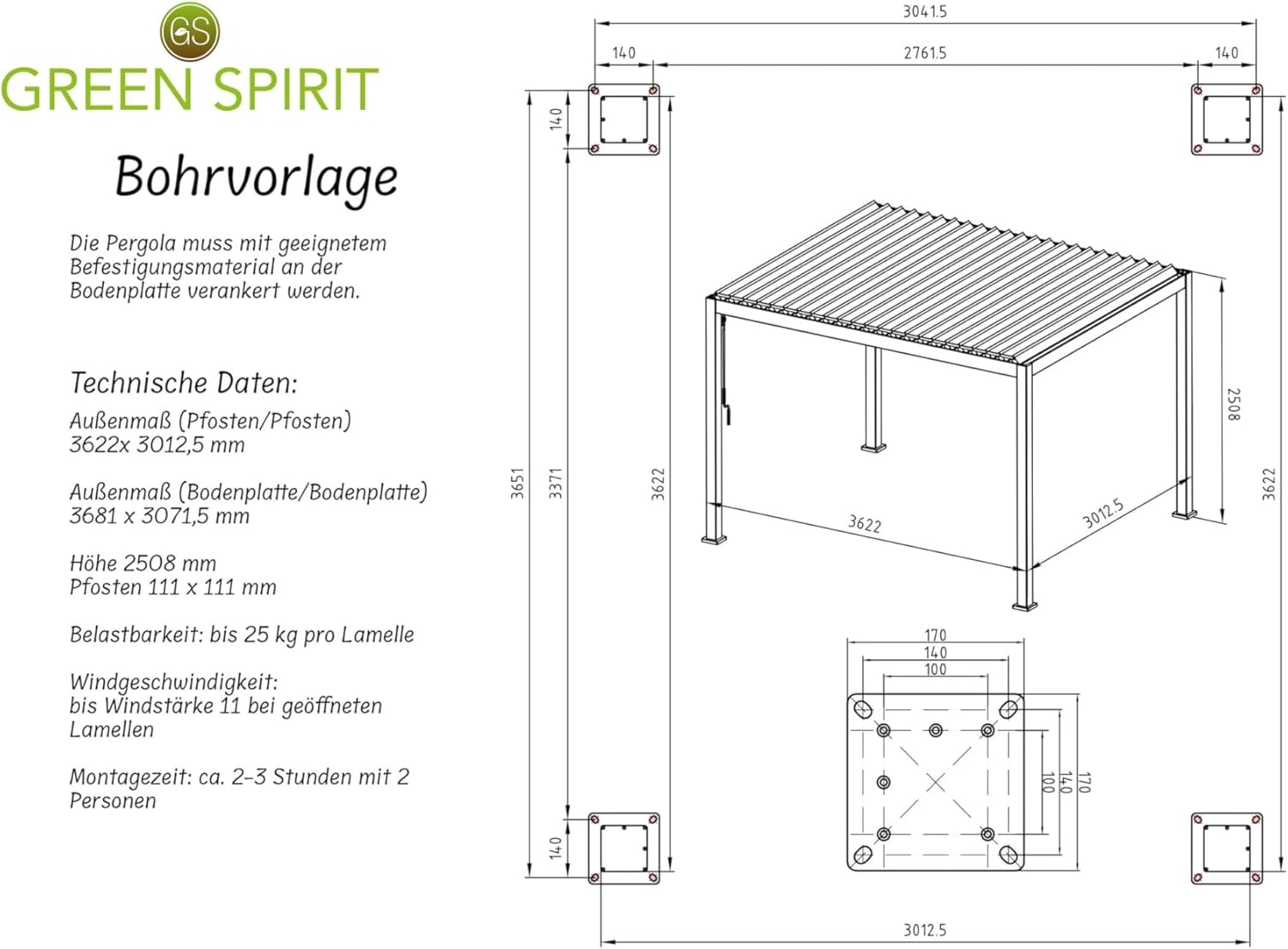 Green Spirit Lamellendach Pergola Mirador Deluxe 3x3,6 - Anthrazit, Aluminium, 300x360x250 cm - Lamellen Pavillon, Garten Terrassen Überdachung