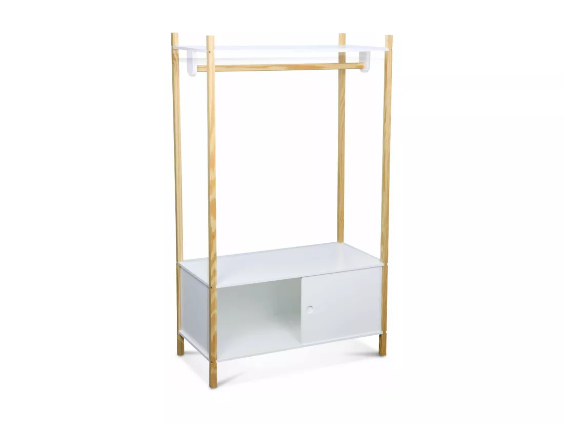 Penderie pour enfants - TOBIAS - deux portes coulissantes et portant bois massif en pin naturel blanc. 80X40X136.5CM