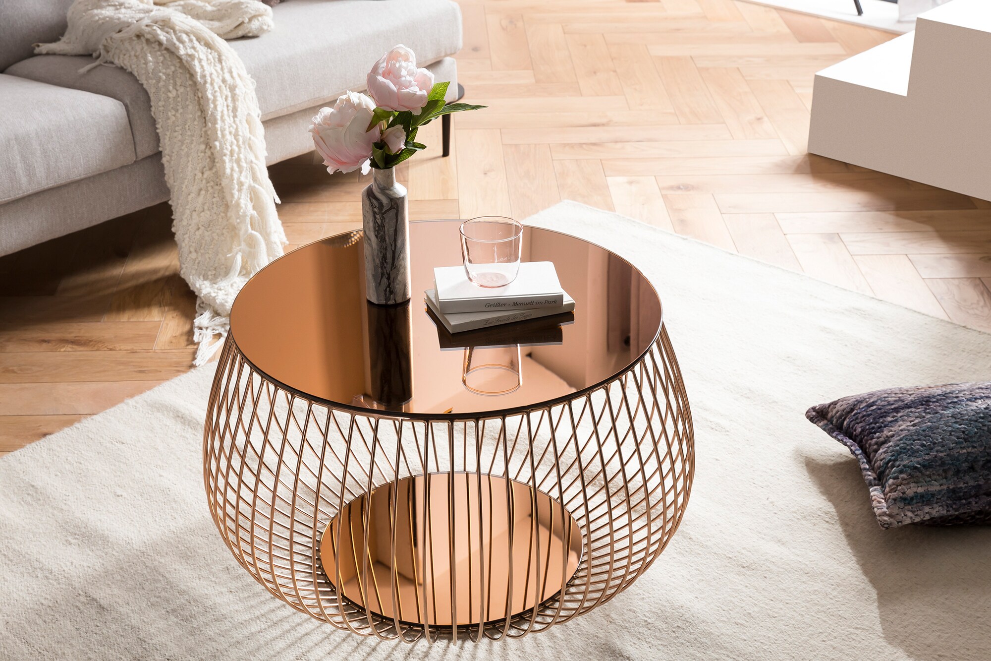 Couchtisch Ø72cm Metallkorb Beistelltisch Sofatisch Wohnzimmertisch rosegold