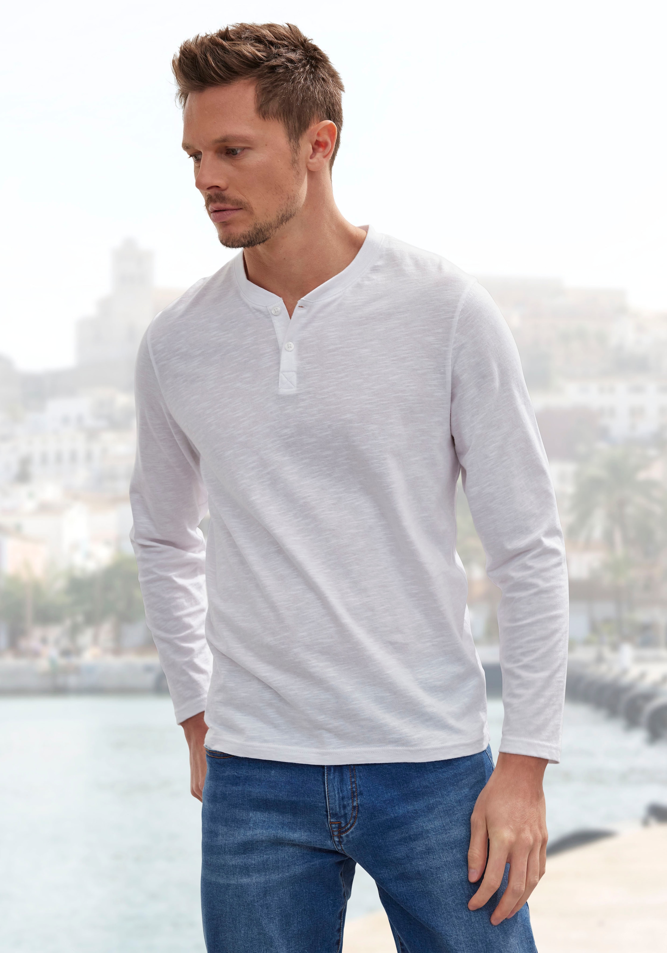 H.I.S Langarmshirt »- Henleyshirt langarm«, 2 Stk. Langarm, Shirt mit Knopfleiste aus strukturierter Baumwoll-Qualität
