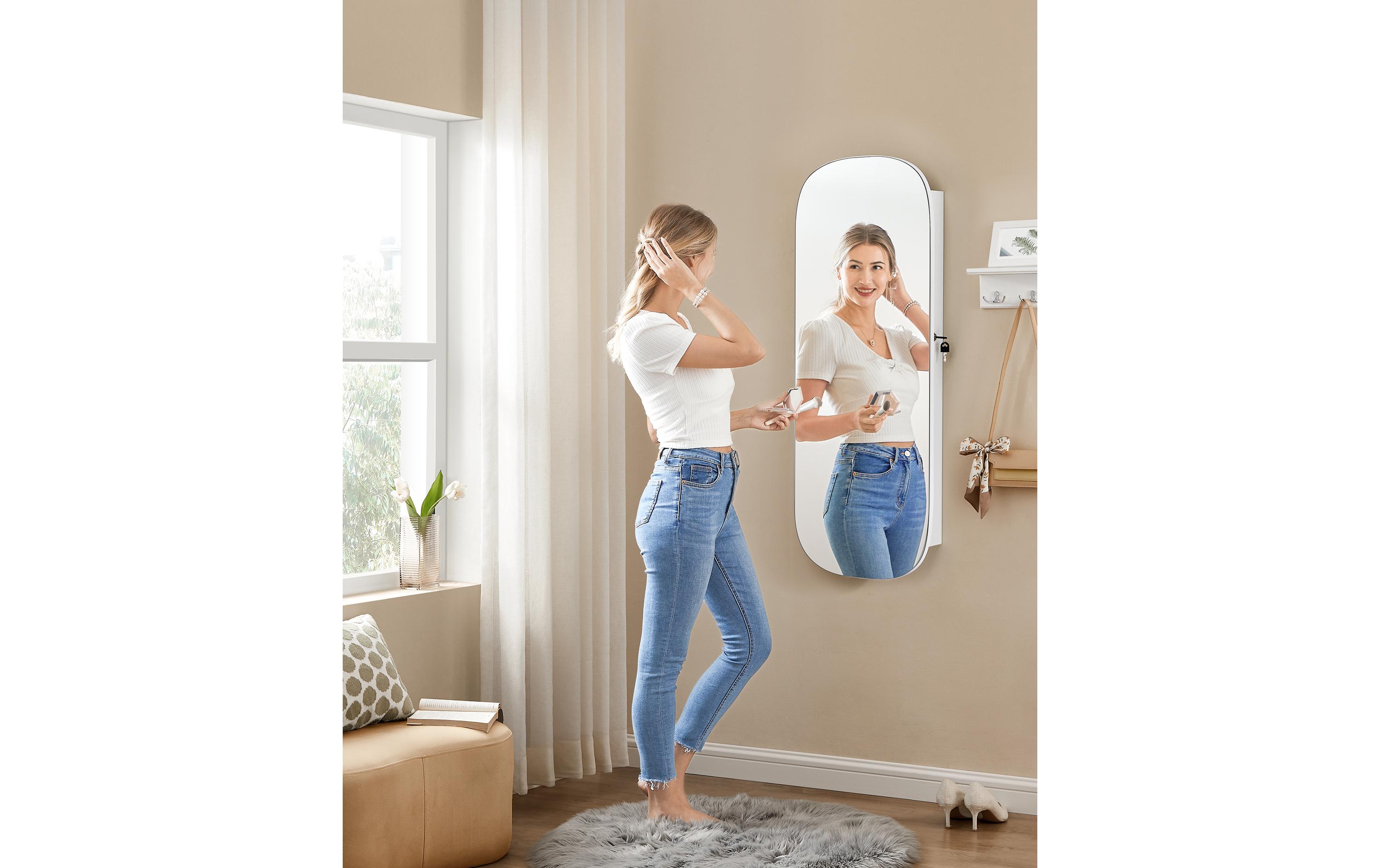 Schmuckhalter Spiegel zum hängen 10 x 42 x 108 cm, Weiss<br>Schmuckschrank
