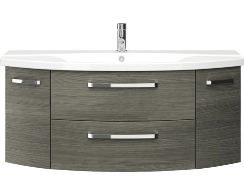 Badkamermeubelset Pelipal serie 4010, afmetingen (B x H x D): 122 x 200 x 48 cm, fronten in grafietstructuur, 4-delige badkamermeubelset inclusief witte keramische wastafel, keramische wastafelkast en spiegelkast met LED-verlichting.