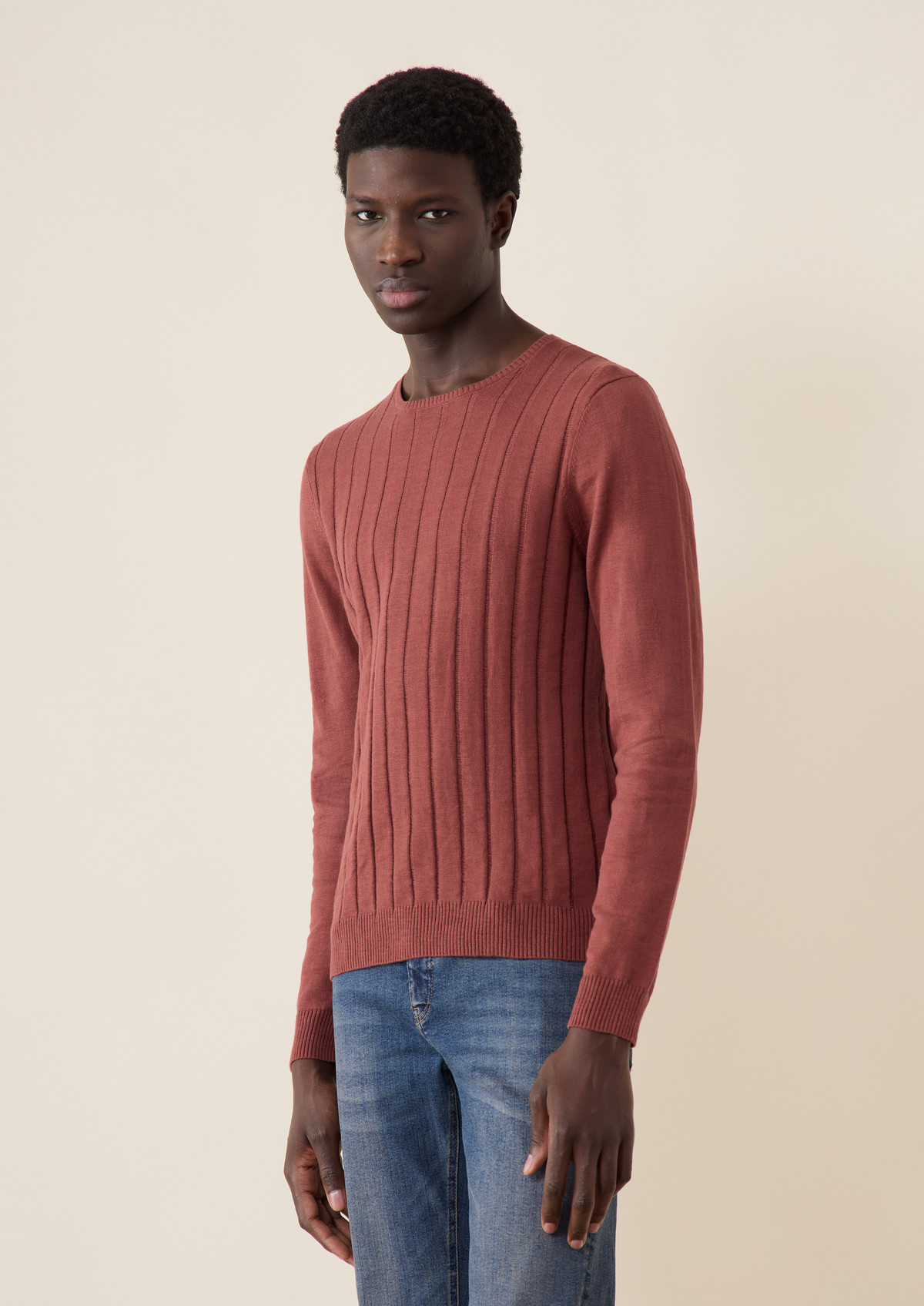 Pull col rond en coton uni terracotta