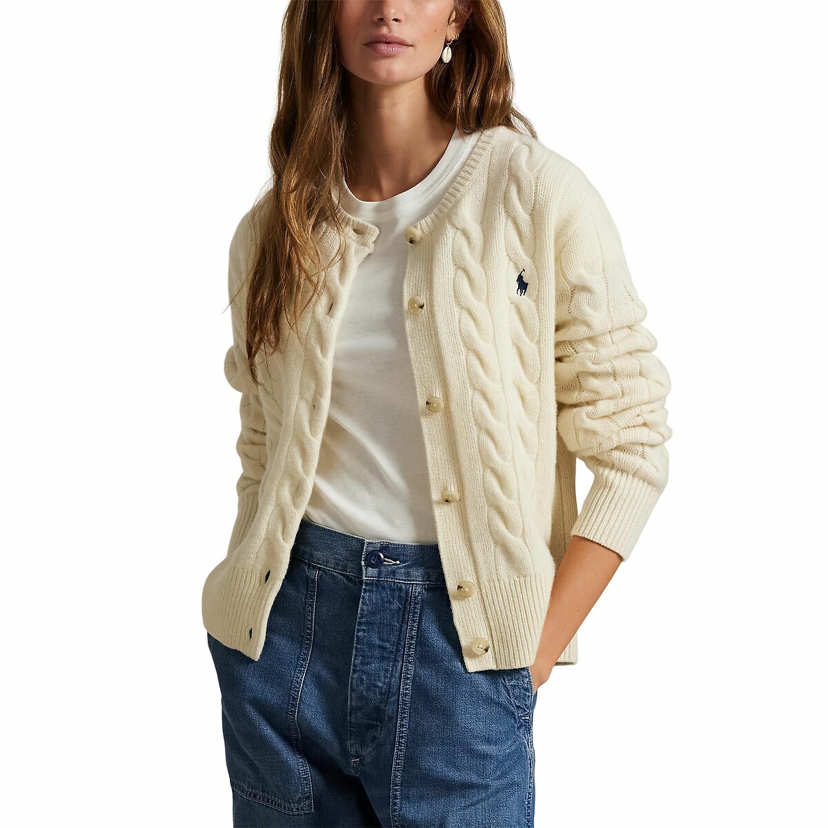 POLO RALPH LAUREN<br>Cardigã de malha trançada em lã e cashmere