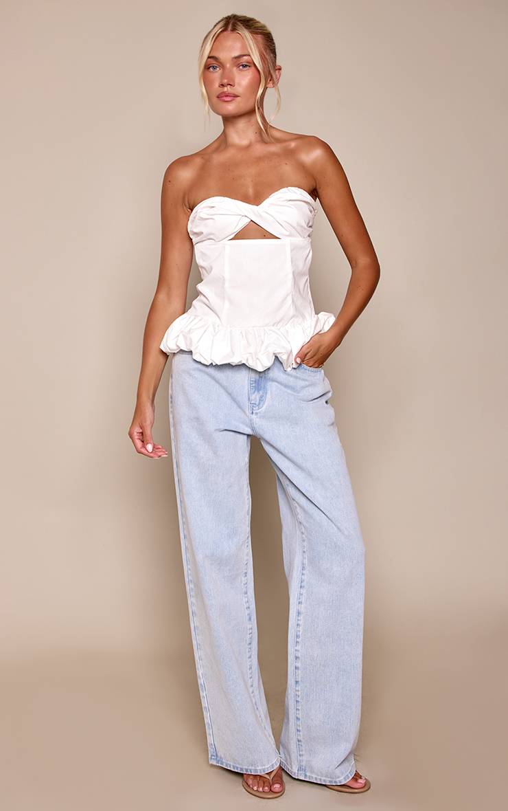 Blanc Top Bandeau Bustier Torsadé À Ourlet Bouffant En Tissu Tissé