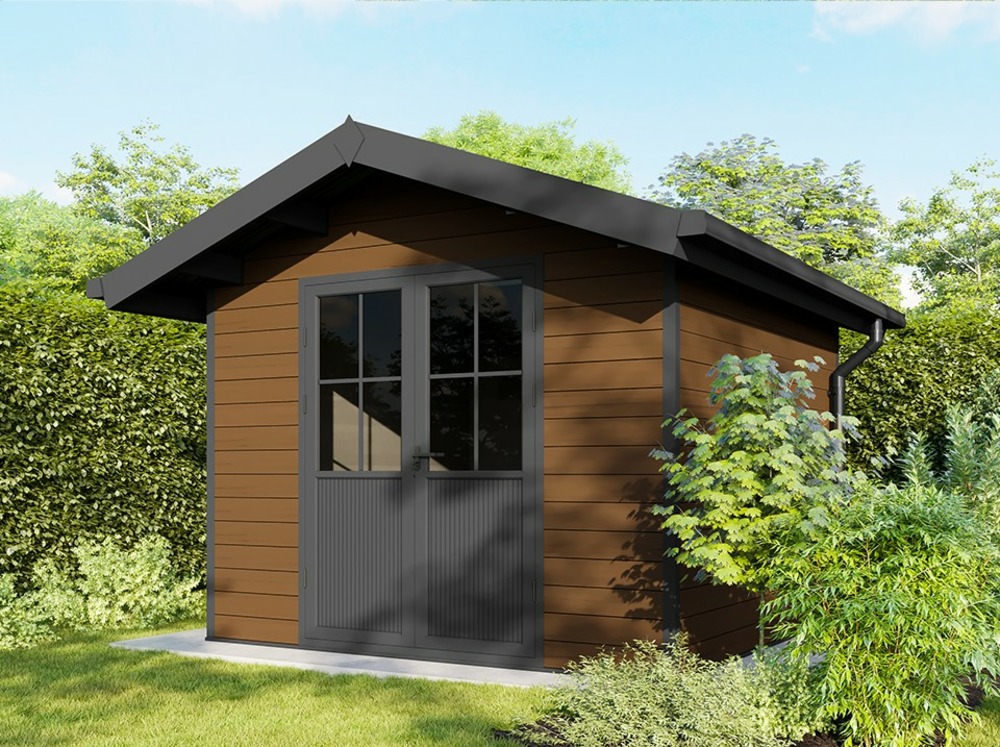 Abri de jardin composite braga - 9m2 brun - epaisseur des madriers : 28mm - cabane atelier / abri velo - menuiseries en aluminium