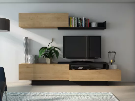 Mur TV MONTY avec rangements - Coloris chêne & anthracite