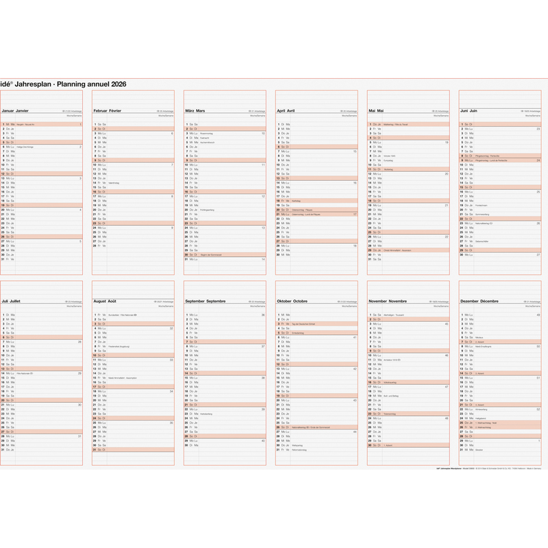 Rido Idé Jahresplaner 2026, 12 Monate / Seite, weiss/orange