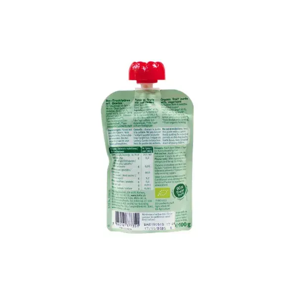 Garrafa de água Holle Pouchy orgânica sabor pera, maçã e espinafre +6m 100g