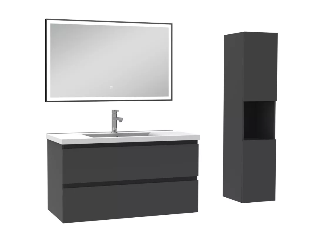 Meuble salle de Bain 100cm avec colonne et miroir 3 couleurs Anthracite