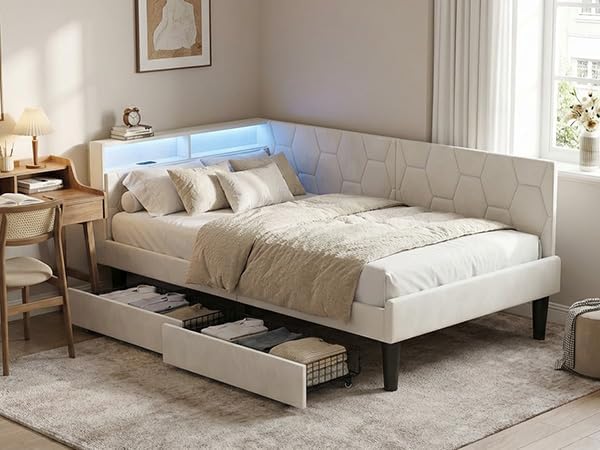 Polsterbett 140x200,doppelbett mit Lattenrost,Verformbares Funktionsbett mit Stauraum Kopfteil,Bettgestell 140x200,tagesbett mit 2 Schubladen,ohne Matratze (Beige, 140x200cm)