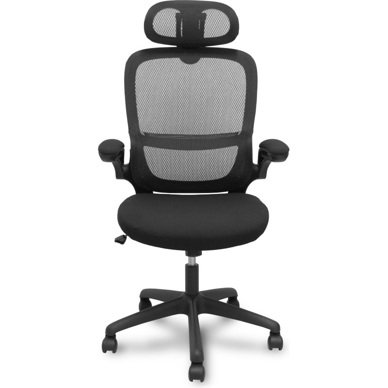 Chaise Pro525, dossier en maille noire, assise et appui-tête en tissu noir