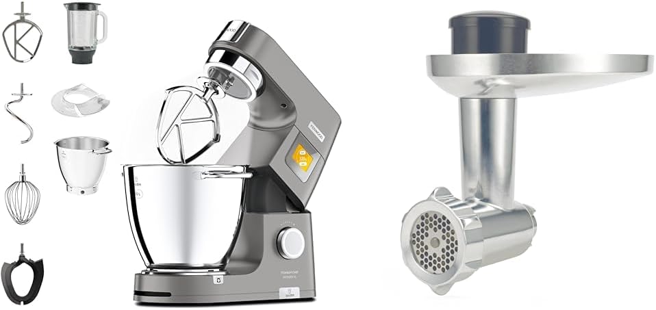 Kenwood Titanium Chef Patissier XL KWL90.034SI – Küchenmaschine mit integrierter Waage, inkl. 4-teiligem Patisserie-Set, silber & Fleischwolf KAX950ME, Zubehör für Kenwood Küchenmaschinen
