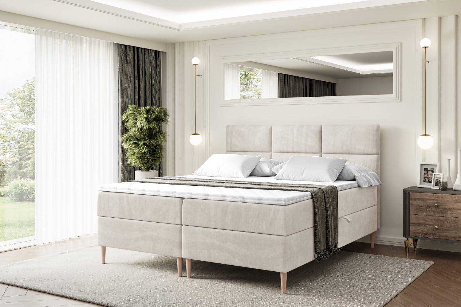 ALTDECOR Boxspringbett mit Holz Füßen, Matratze und Lattenrost, Boxbett, Topper, Polsterbett mit Bettkasten, Bett mit Stauraum H4-Matratze, Doppelbett - Ohio-FD- 200x200 Beige Samt