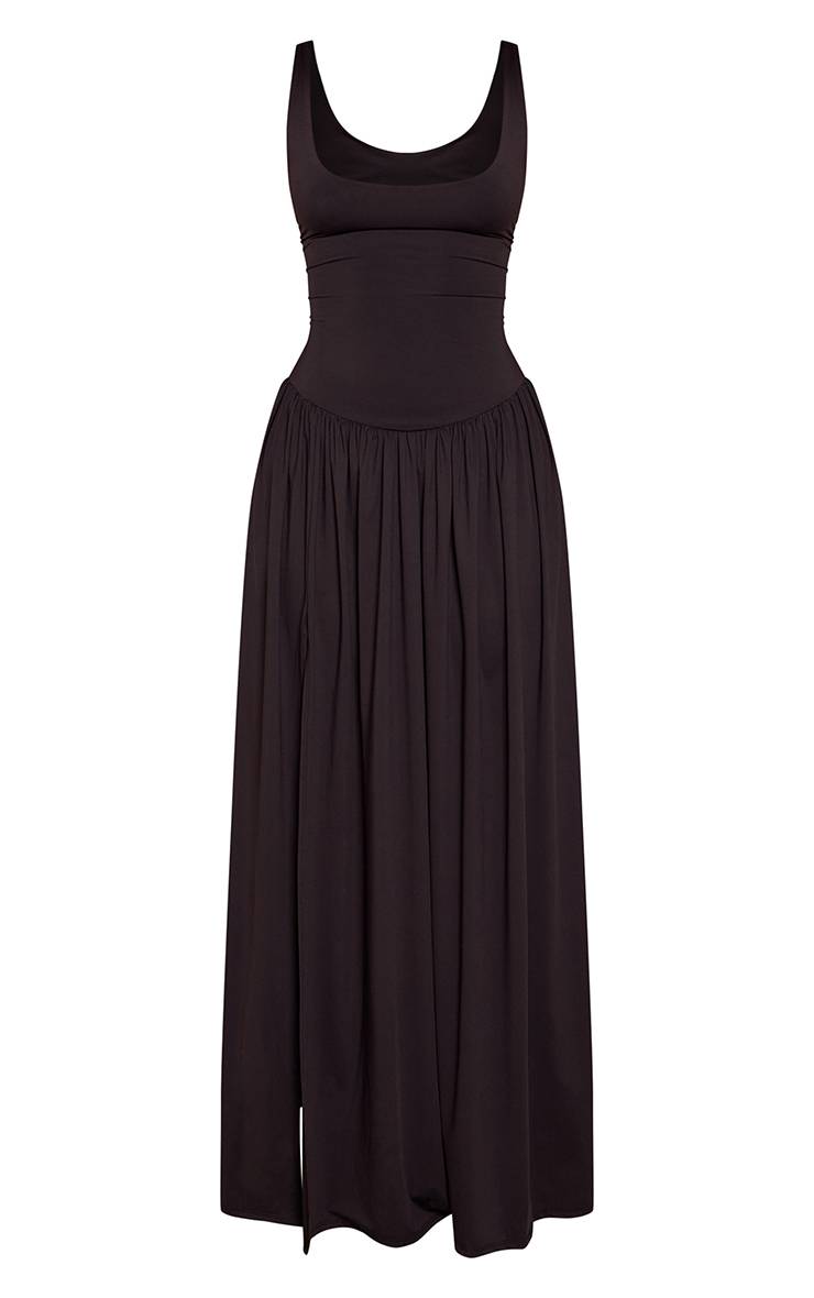 Noir Robe Maxi Ajustée À Taille Basse Col Rond Et Ourlet Froncé Petite