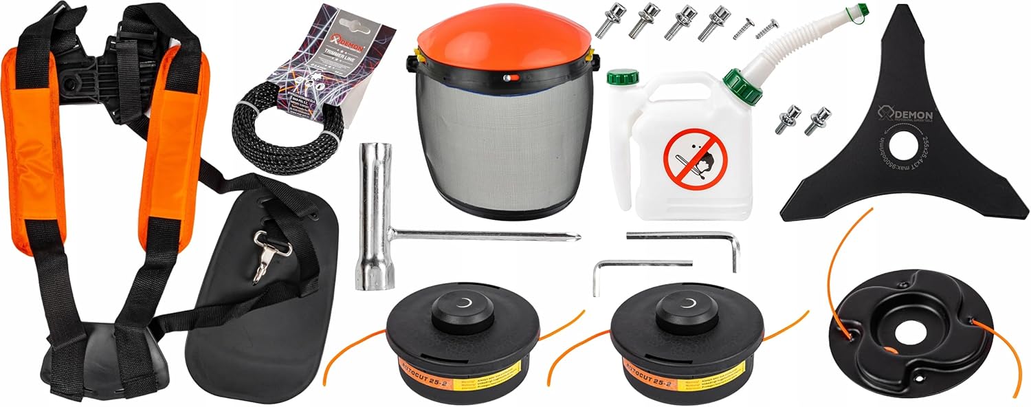 Bastionshop - Benzin Motorsense, Rasentrimmer 5,2KM/5,2 PS - Motorsense mit Luftgekühlter 2-Takt-Motor, Kompletter Satz Öl, 2 Ringen auf dem Kolben, 4 verschiedenen Messern, Visier mit Sicherheitsnetz