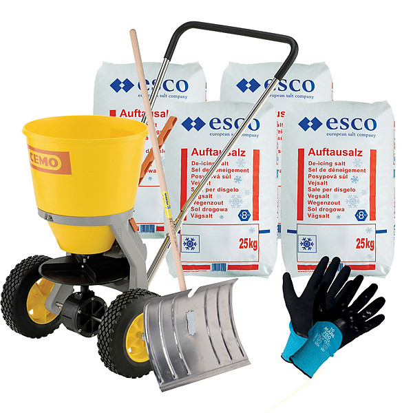 Kit 4 sacs de sel de déneigement + épandeur + poussoir + gants