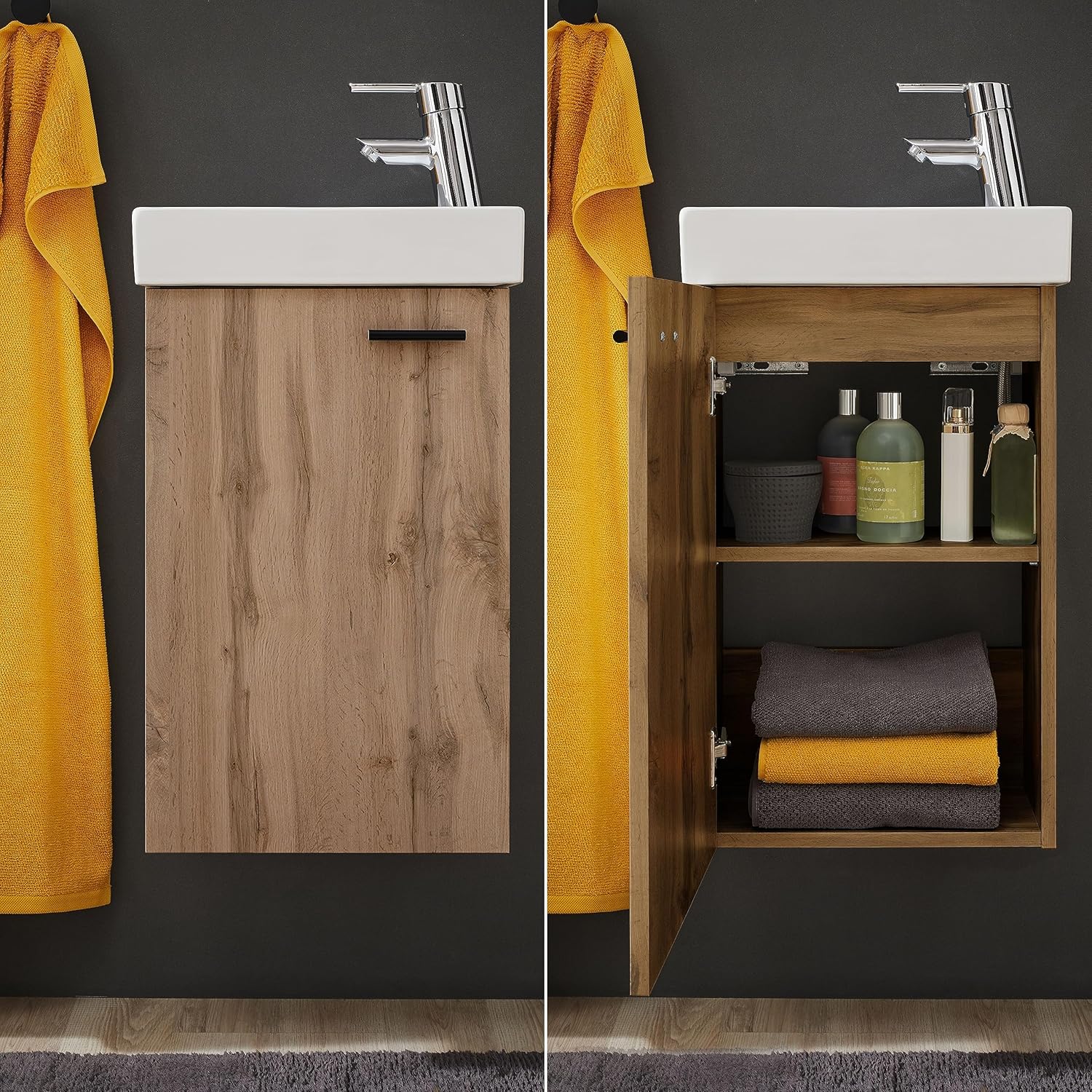 AMY Waschbecken mit Unterschrank und Spiegel in Wildeiche Optik - Kompakter Waschtisch ideal für Gäste WC - 41 x 165 x 23 cm (B/H/T)