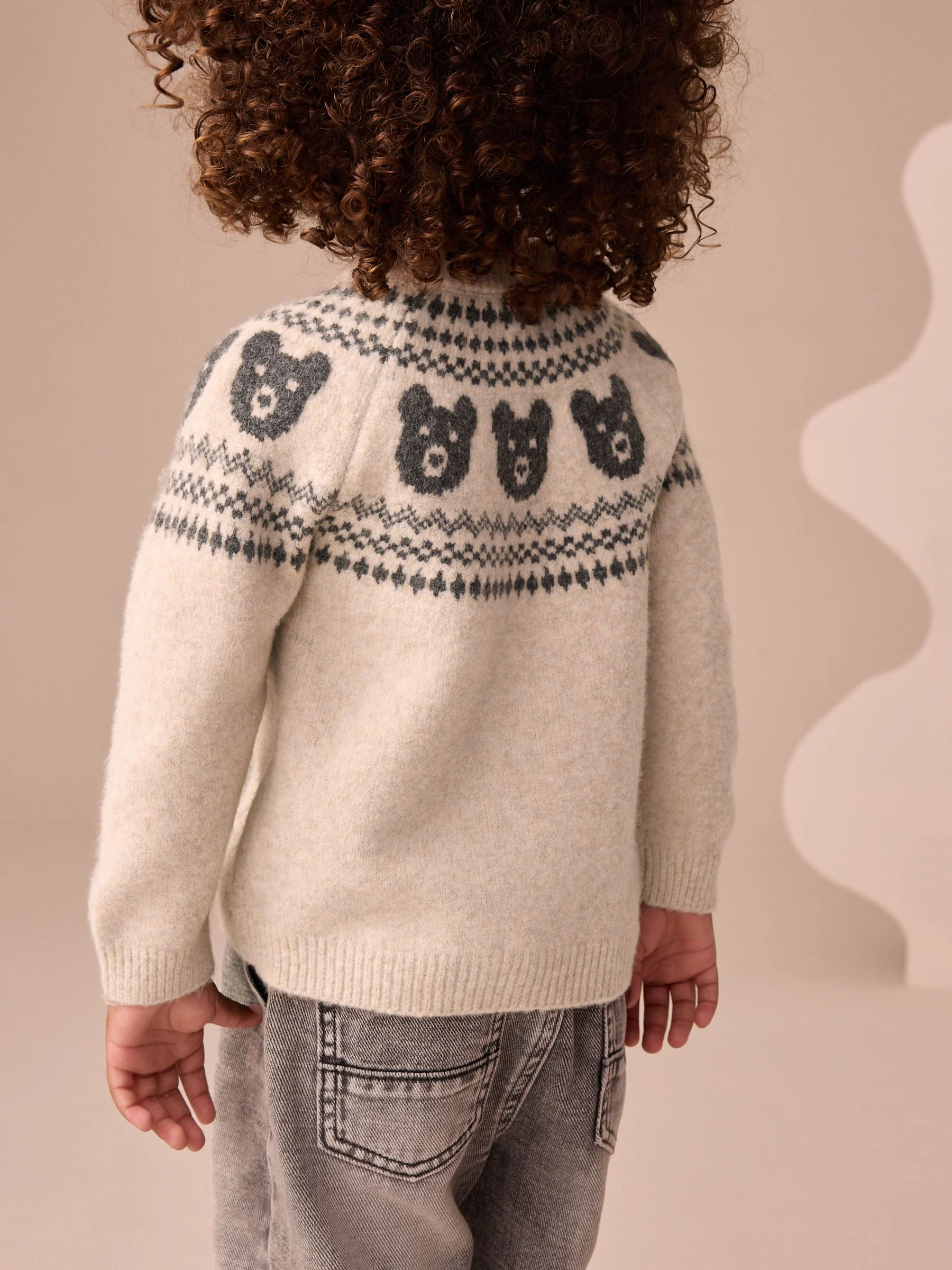 Neutraal met beren - Gebreide trui met fairisle-motief en ronde hals (3mnd -7jr)